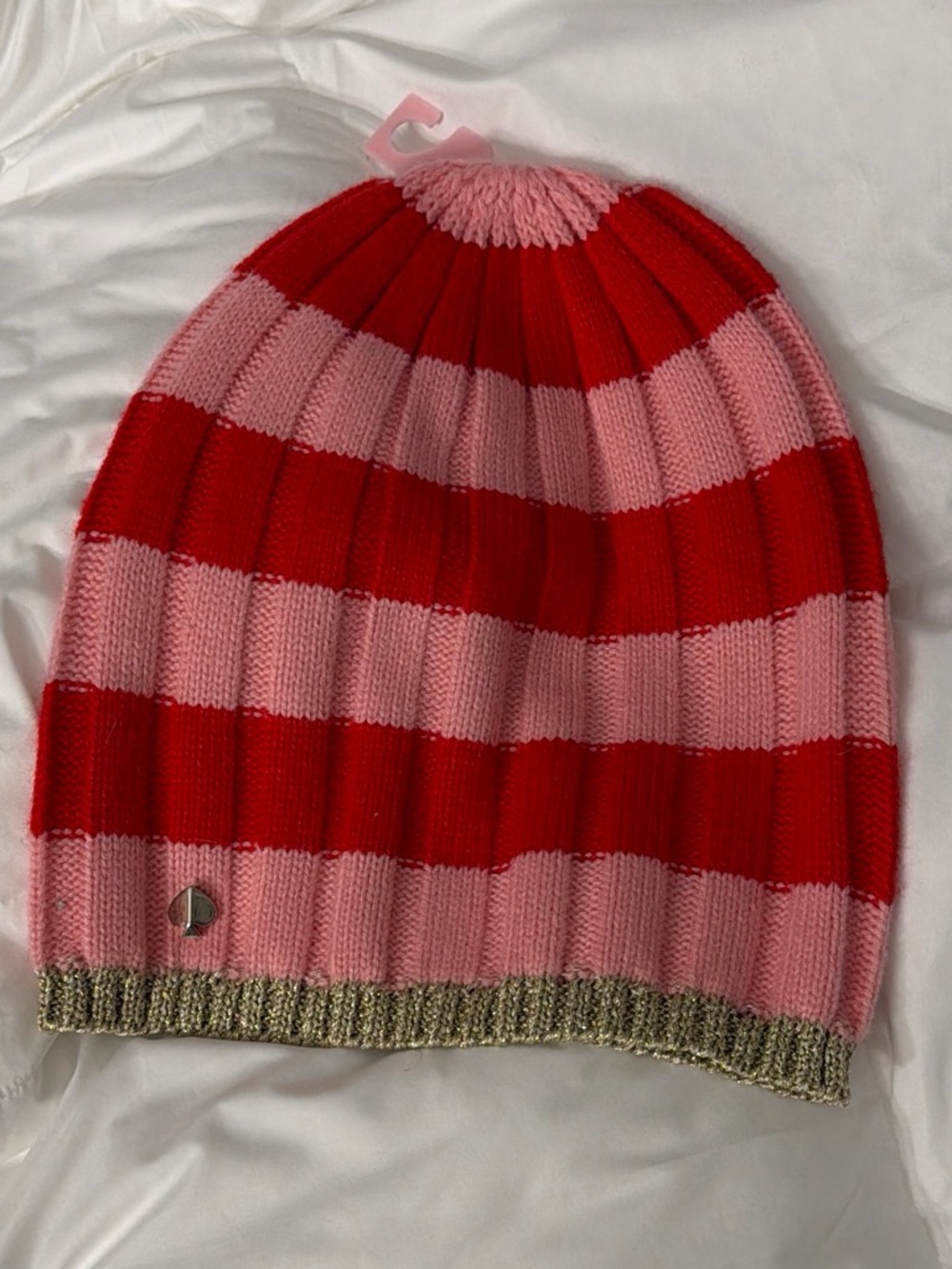 Kendra Scott Red and Pink Striped Knit Beanie